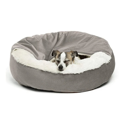 Orthopedic dog bed for small pets, cozy grey plush round pet sofa with warm mat for indoor comfort