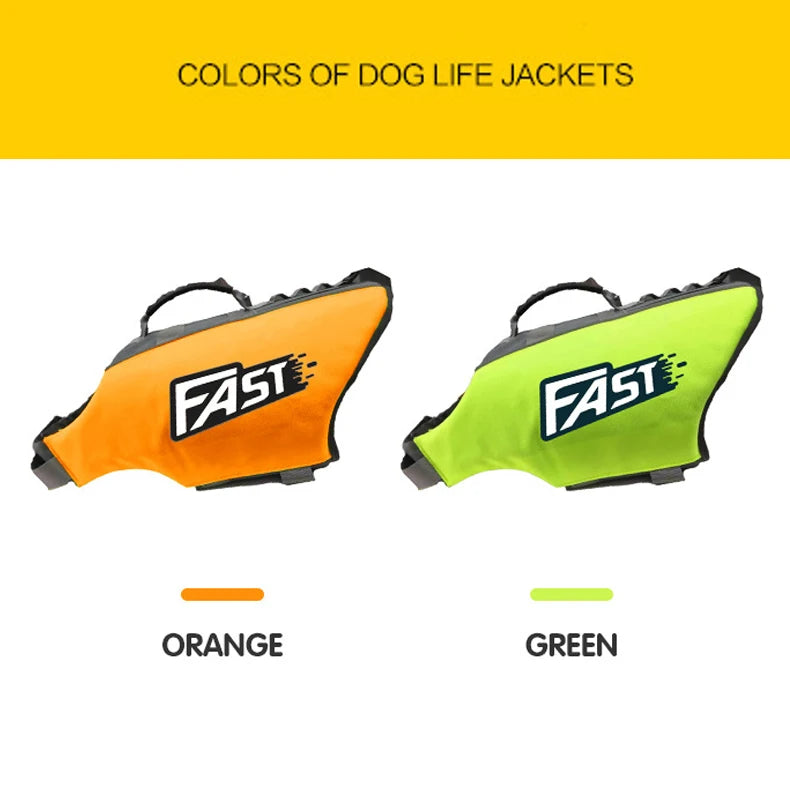 Orange and green dog life jacket safety vest with adjustable fit and reflective details for swimming, surfing, and drifting