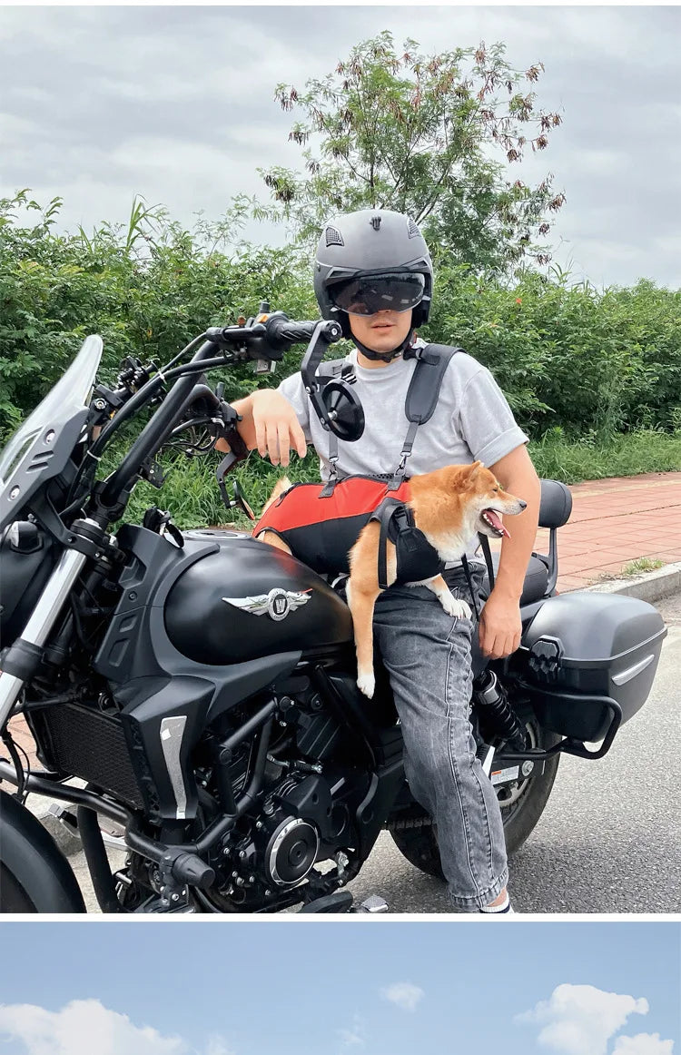 Dog backpack carrier for hiking and biking for secure pet transport on a motorcycle with adjustable belly support
