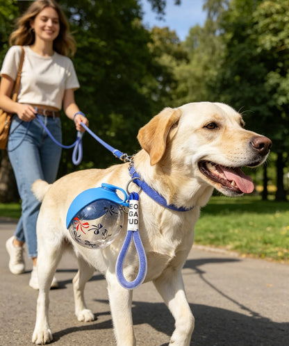 portable dog water bottle for outdoor walks, attached to a leash on a happy Labrador with owner in park