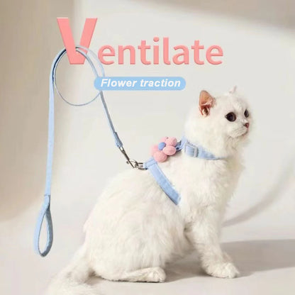 Adjustable small dog harness leash set for a white cat wearing a breathable blue harness with flower detail