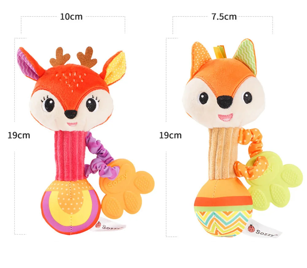 soft baby rattle toy plush fox and deer hand grip rattles for newborn sensory play, 19cm