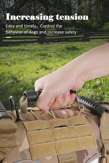 tactical dog harness with quick-release handle and reflective control strap for safe dog training and tension control