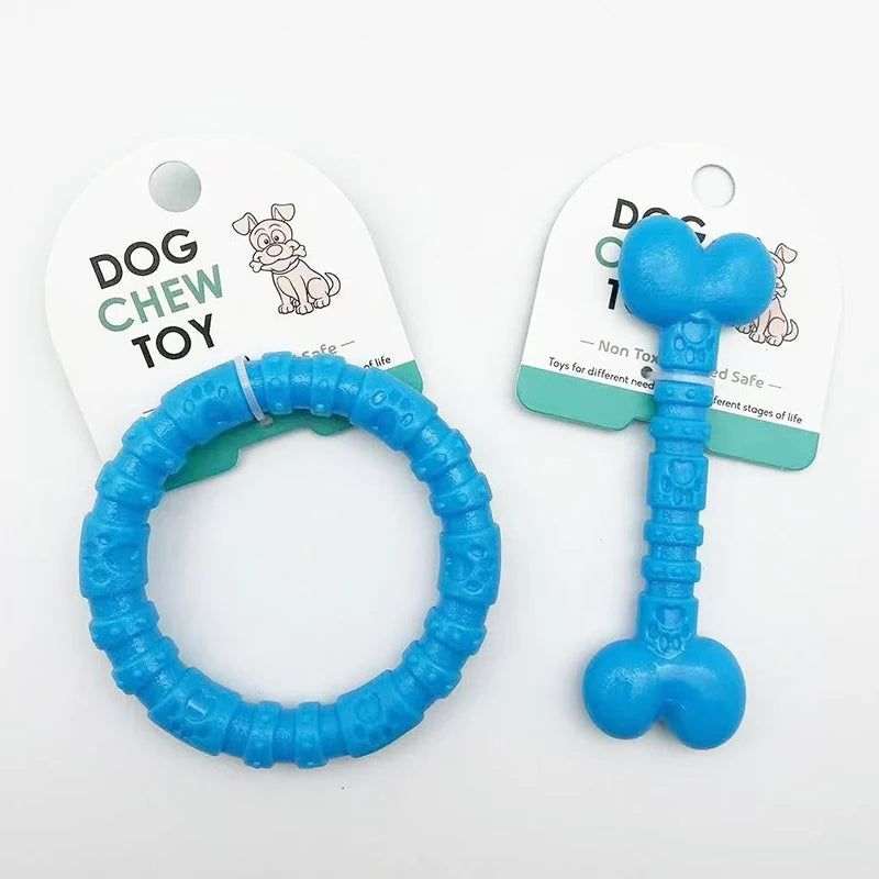 Blue textured dog chew toys in bone and ring shapes on white background with labels