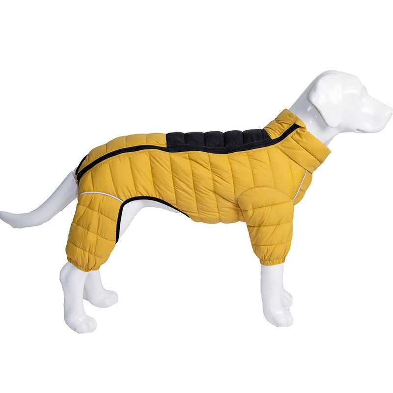 Yellow padded dog jacket jumpsuit on white dog mannequin, winter pet apparel