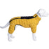 Yellow padded dog jacket jumpsuit on white dog mannequin, winter pet apparel