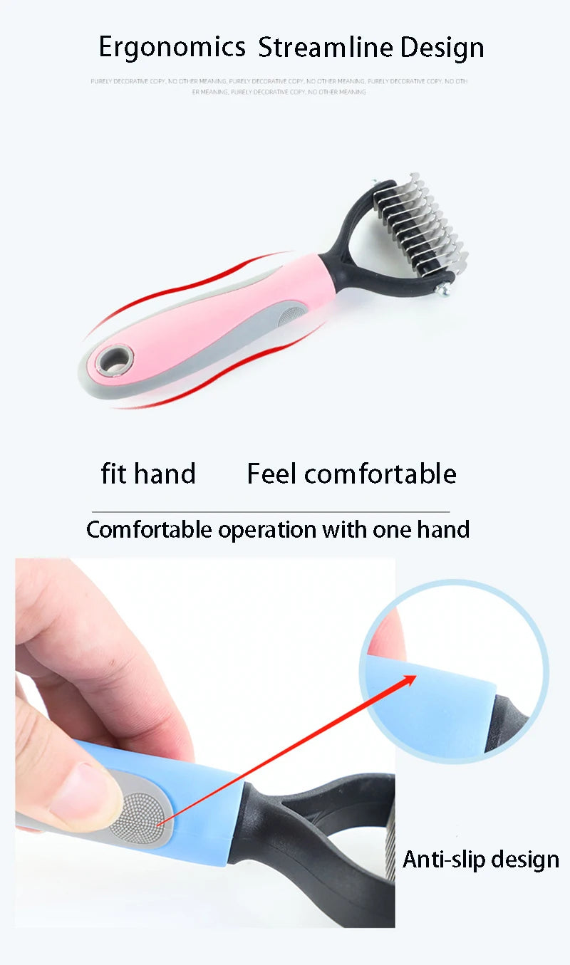 Double sided pet deshedding brush with ergonomic anti-slip handle for easy undercoat grooming and loose hair removal