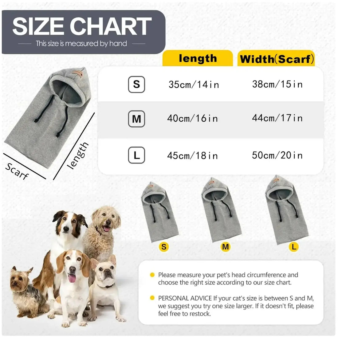Dog hoodie size chart with small, medium and large sizes, grey hoodie, group of dogs
