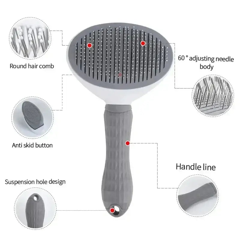 self cleaning pet grooming brush for dogs and cats, ergonomic deshedding comb with 60° adjusting needles and anti-skid handle
