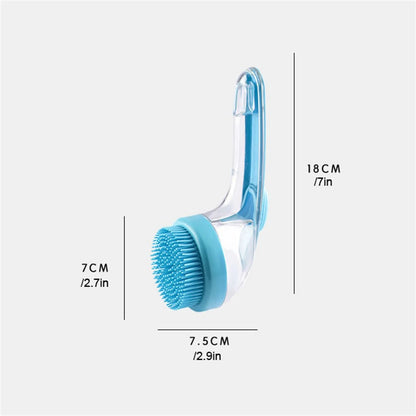pet bath brush with shampoo dispenser silicone long handle grooming brush for dogs and cats, 18cm