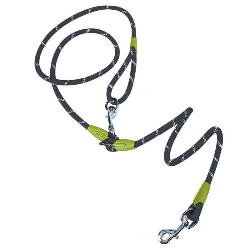Durable black and green rope dog leash with reflective accents and metal clips