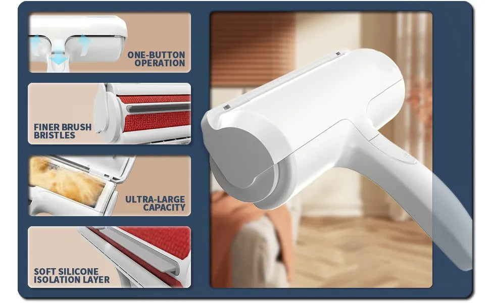 Self-cleaning pet hair remover roller for furniture and upholstery with one-button operation and ultra-large capacity