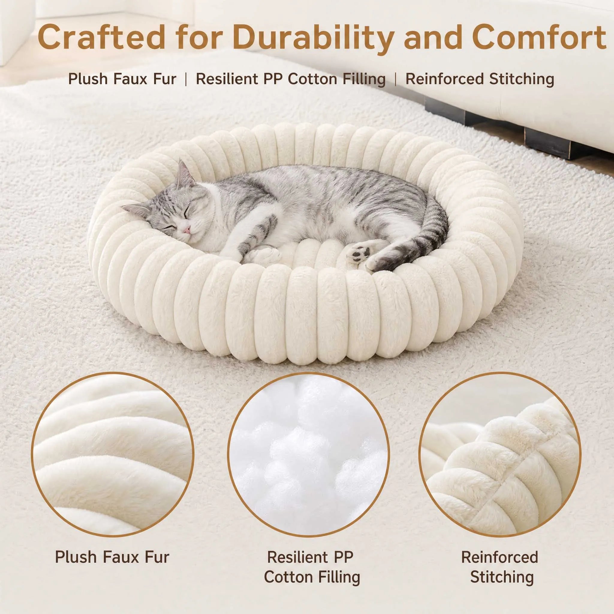 plush donut cat bed for cats and small dogs, ultra soft round pet nest with plush faux fur, reinforced stitching, warm and cozy
