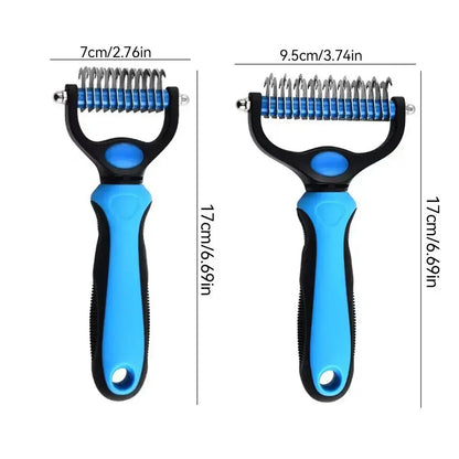 dog deshedding brush for cats and dogs, dual-size grooming tool with blue handle for mat removal and shedding control