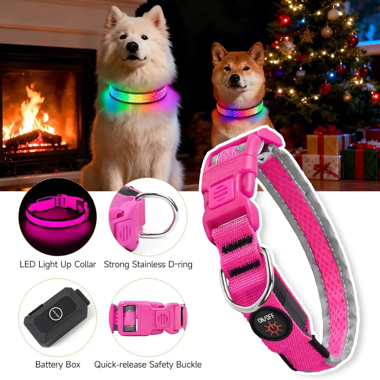 USB rechargeable LED dog collar RGB 7 colors, adjustable glowing nylon safety collar for small and medium dogs