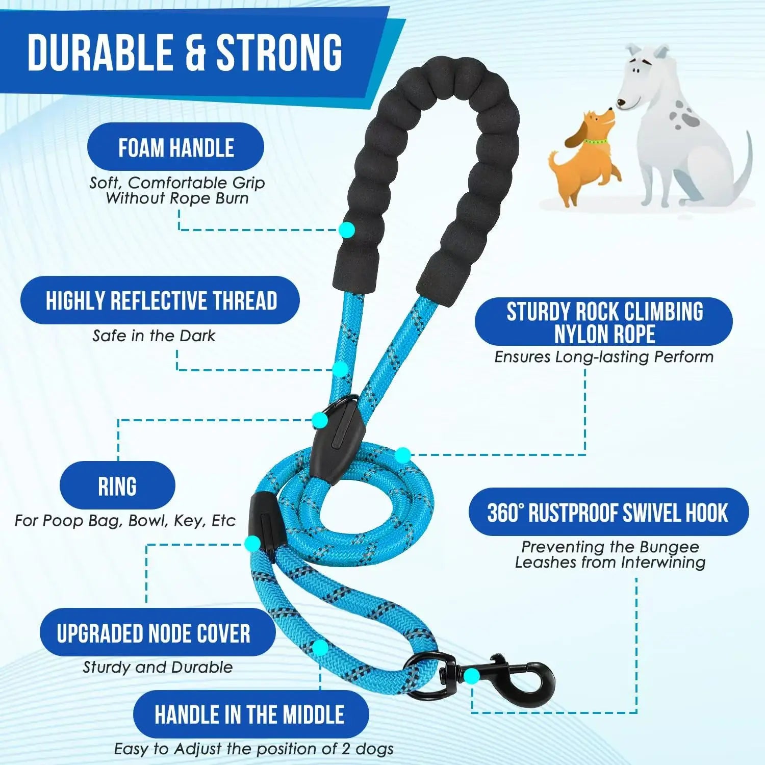 Durable blue dog leash with foam handle, reflective thread, swivel hook, and nylon rope.