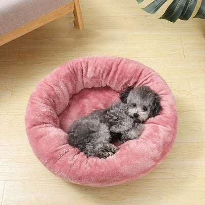 Pink donut dog bed with a small gray puppy resting in a soft, washable round pet bed on a wooden floor