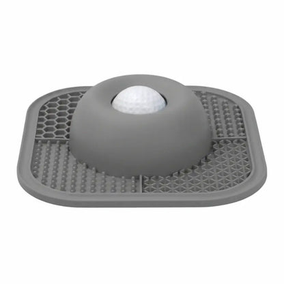 Grey slow feeder dog bowl with textured anti-slip surface and central treat ball, resin interactive feeding mat for dogs