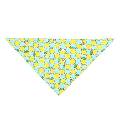 Triangle dog bandana with yellow lemon pattern on light blue background