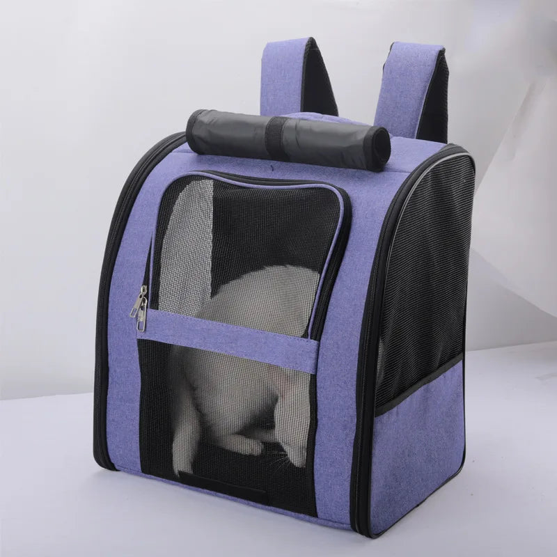 breathable cat carrier backpack for cats and small dogs, foldable purple travel pet backpack with mesh window