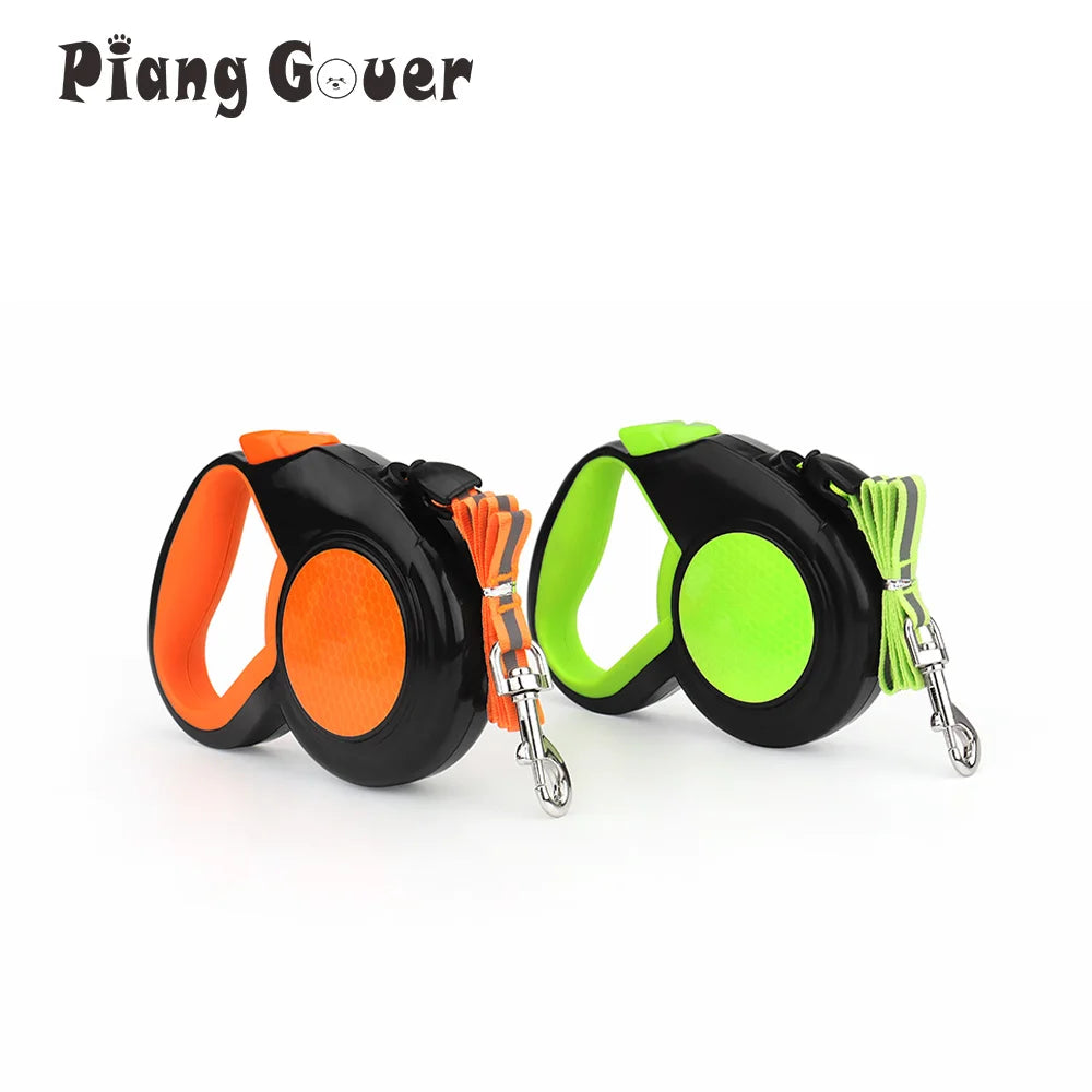 Reflective retractable dog leash in orange and green, automatic extending pet leash with quick release for walking dogs