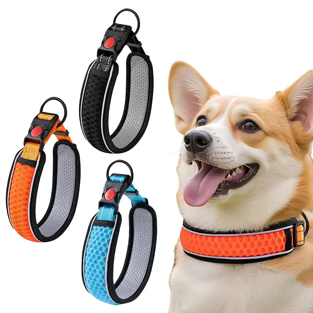 reflective adjustable dog collar for small medium large dogs, breathable durable walking collar in black, orange, and blue