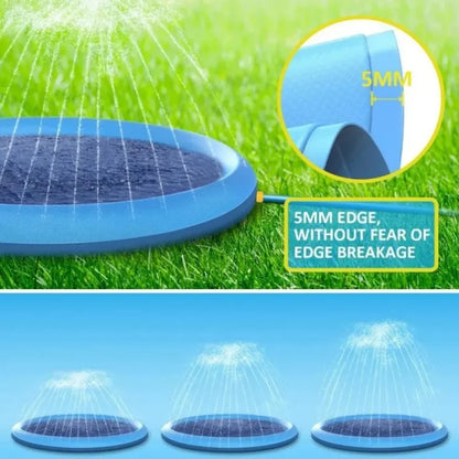Blue dog splash pad with thick 5mm edge and water sprinklers for pet outdoor play on grass