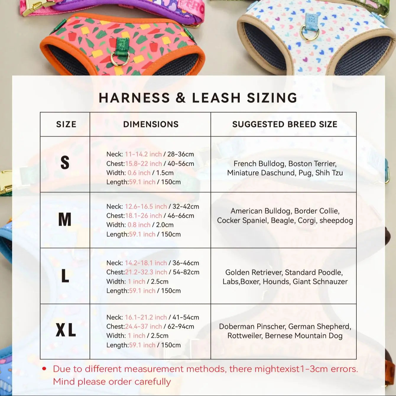 Adjustable dog harness and leash set sizing chart for S XL breeds, cute pet harness dimensions guide
