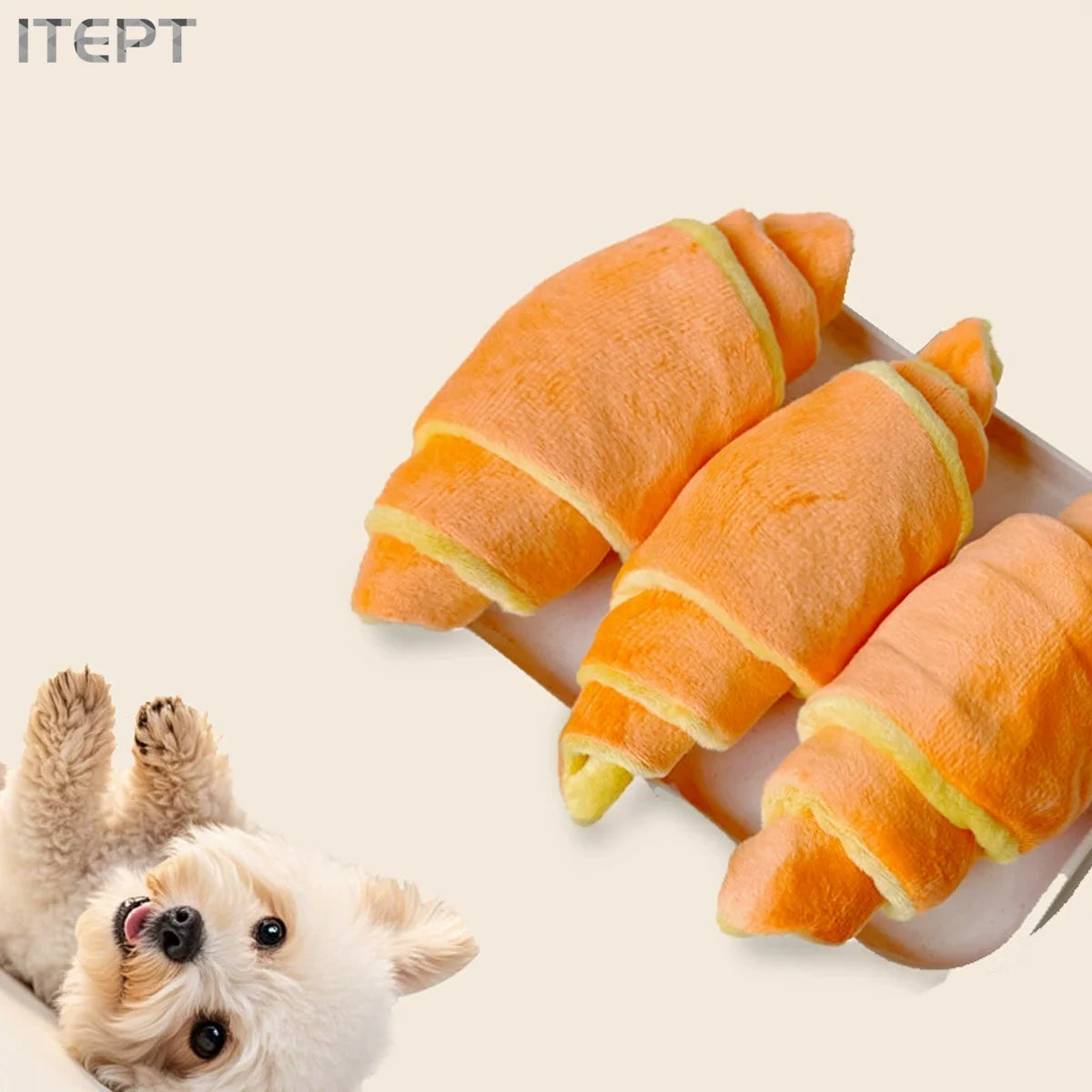 squeaky treat dispensing dog toy croissant plush for small to medium dogs, interactive soft stuffed pet plaything