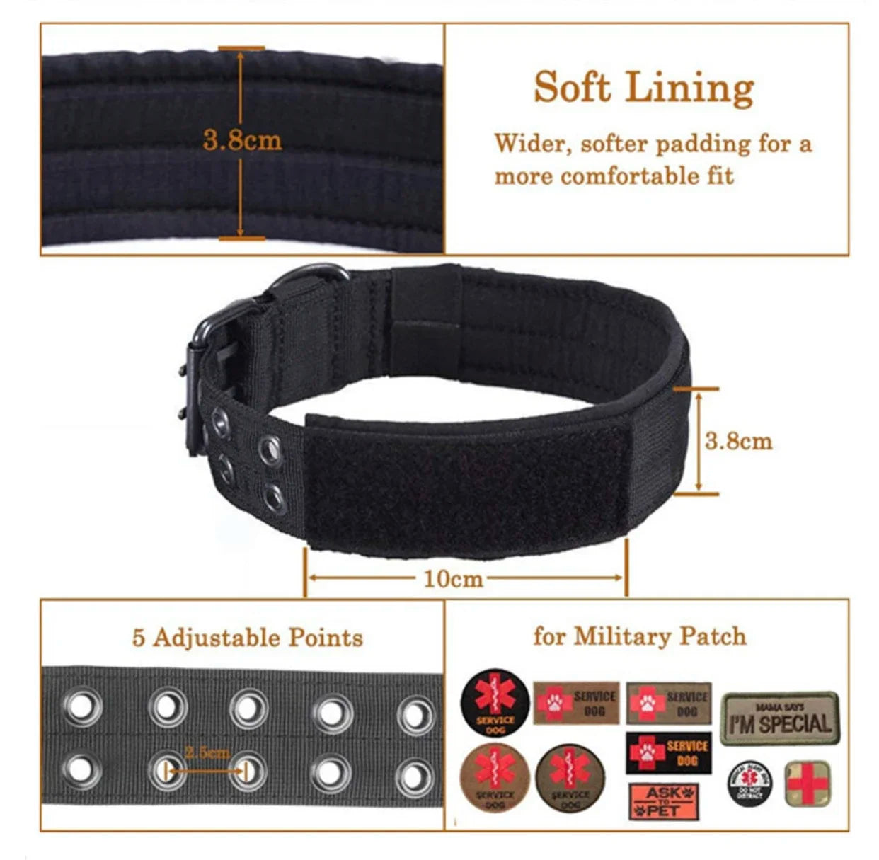 reflective tactical dog collar with soft lining, quick release buckle, 5 adjustable points, 3.8cm wide nylon military collar