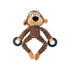 Plush monkey dog toy with textured brown body and black chew rings on each arm