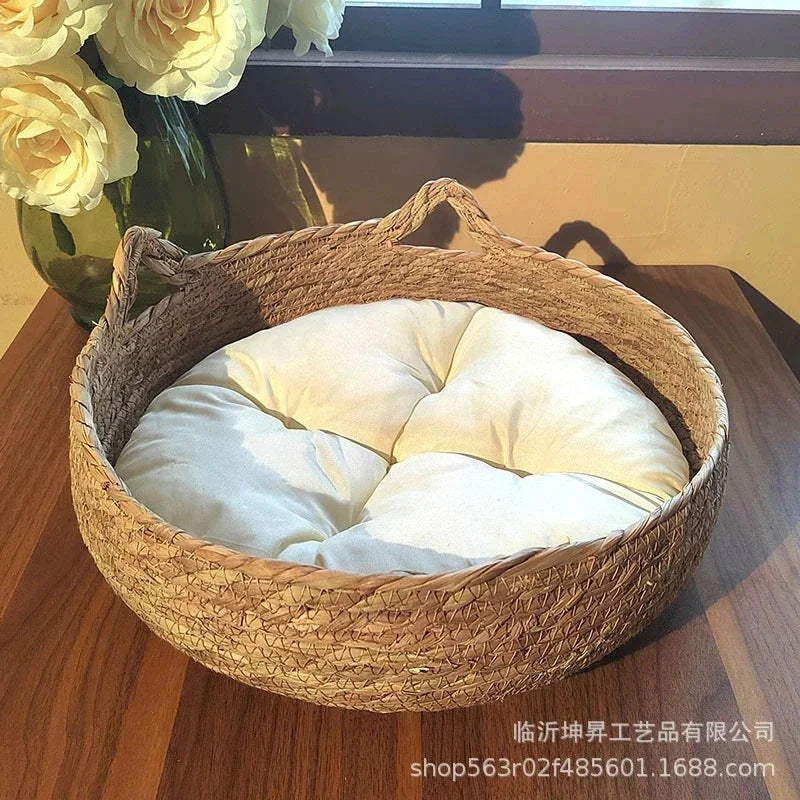 rattan cat basket bed with soft cushion, round donut pet nest for cozy sleeping comfort for cats and small dogs