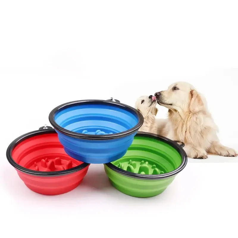 foldable slow feeder bowl for dogs and cats portable anti-choking pet bowls in red, blue, and green