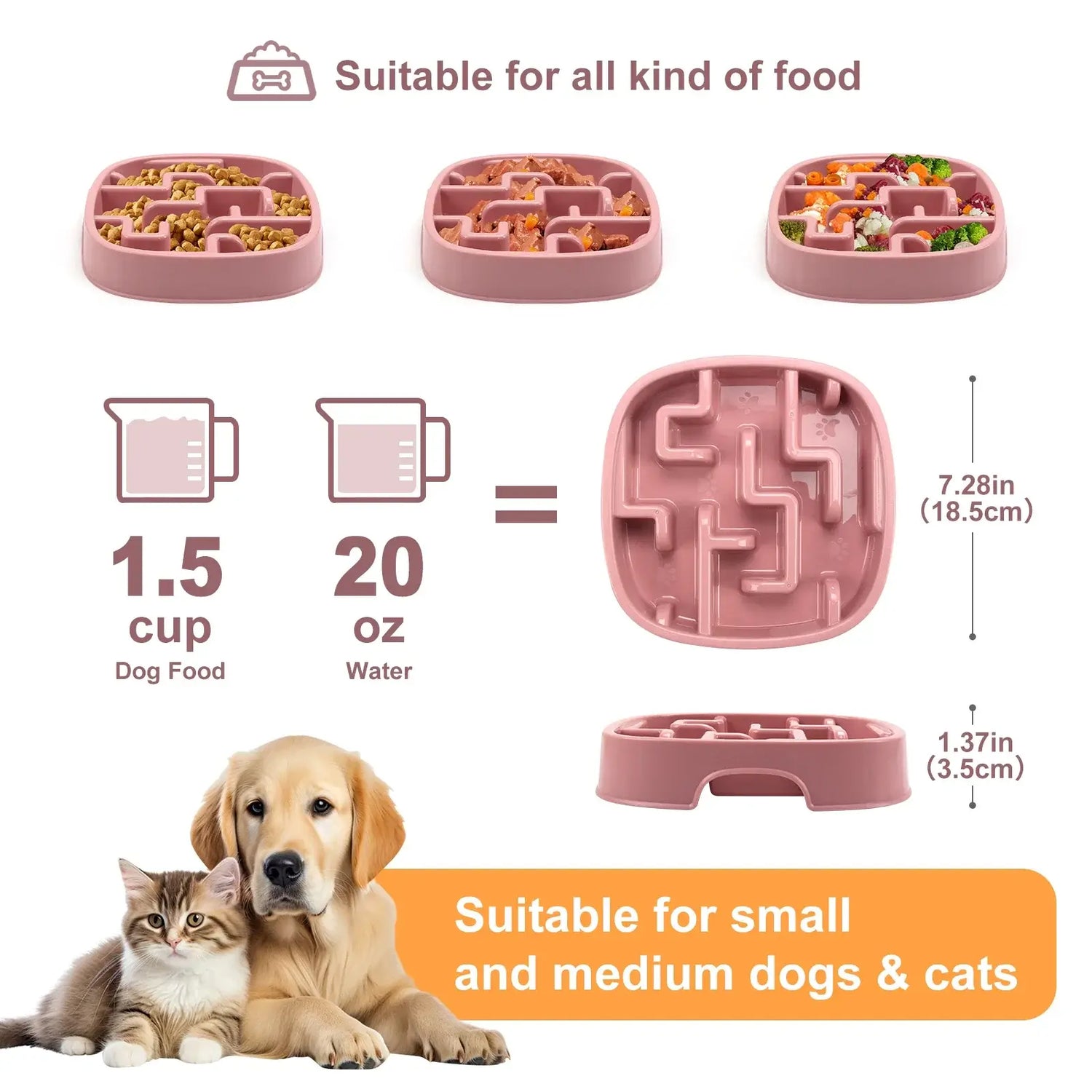 pink slow feeder dog bowl maze design for small and medium dogs and cats, non-slip anti-gulp food dish