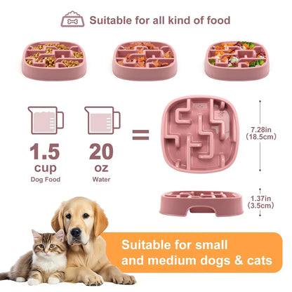 pink slow feeder dog bowl maze design for small and medium dogs and cats, non-slip anti-gulp food dish
