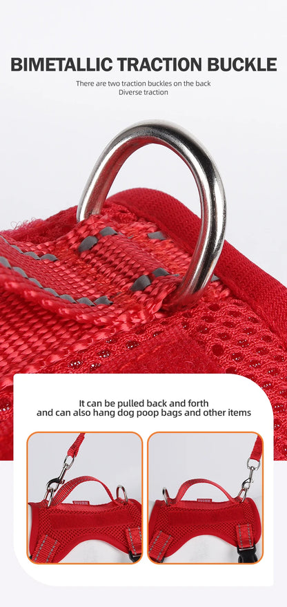 Reflective dog harness and leash set with bimetal traction buckle for secure walking, dog poop bags, and outdoor use