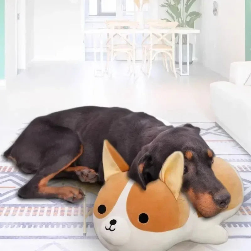 Large dog resting head on cute dog-shaped plush pillow in bright living room