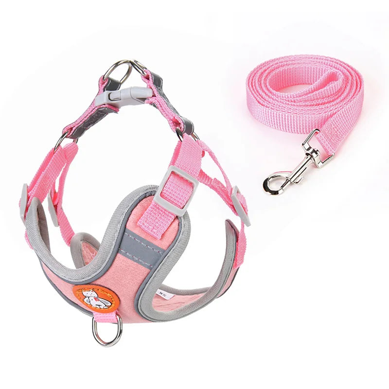 Pink adjustable reflective dog vest harness with leash, buckle closure, cat and dog design, comfortable durable vest for small to medium dogs