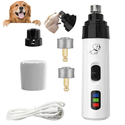 electric dog nail grinder with 2 heads, diamond bit replacement head, pet nail trimmer for dogs and cats, white grooming tool