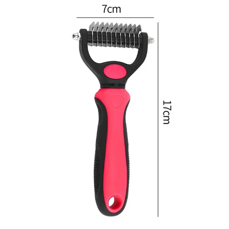 Pet deshedding brush red and black double-sided grooming comb with stainless steel blades, 17cm x 7cm