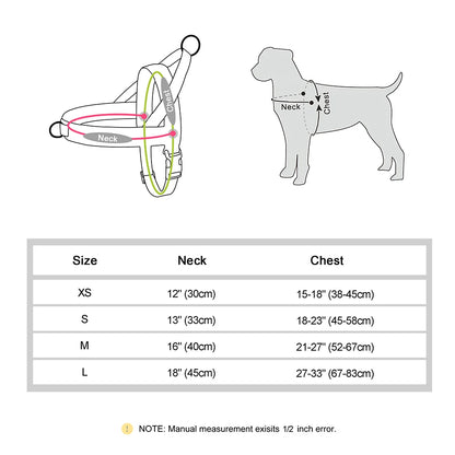 winter dog harness size chart for small to large dogs with neck and chest measurements