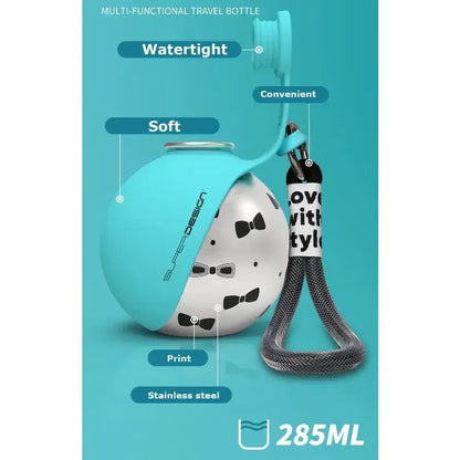 portable dog water bottle for small dogs, watertight PETG travel dispenser with 285ml stainless steel bowl