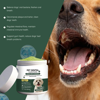 dog teeth cleaning powder for plaque and tartar removal, probiotic breath freshener for dogs, pet dental care