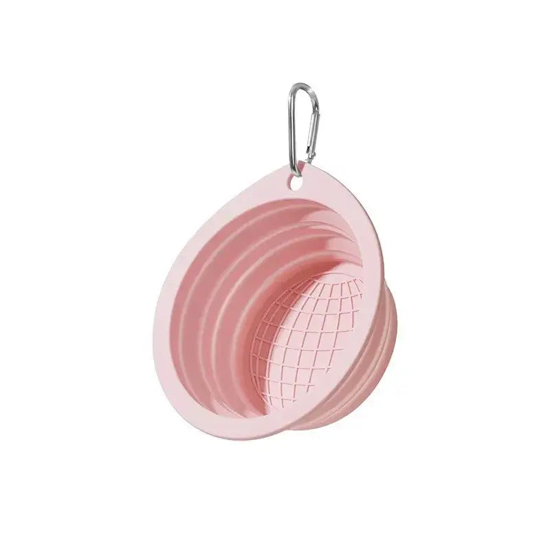 Pink collapsible travel dog bowl, silicone foldable rounded pet bowl with carabiner for portable water and food feeding