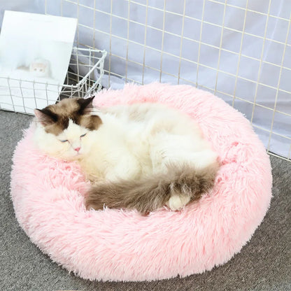 washable plush donut cat bed pink fluffy round bed for cats, cozy winter sleeping nest