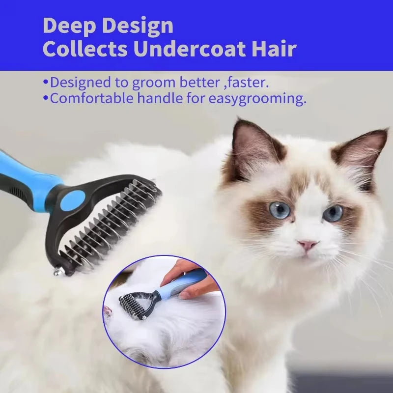 self cleaning pet deshedding brush for cats and dogs, removes undercoat hair with comfortable handle