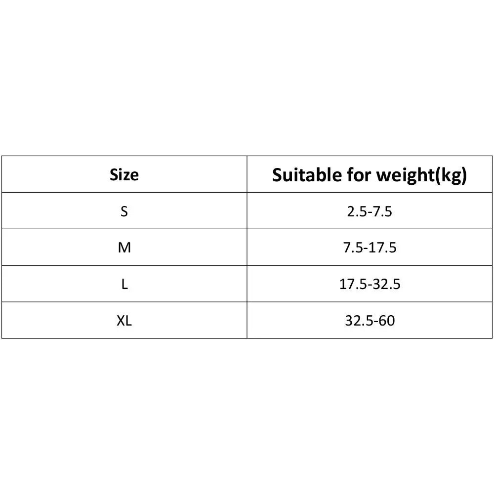 Size chart for dog collars showing suitable weight ranges for S, M, L, and XL sizes in kilograms.