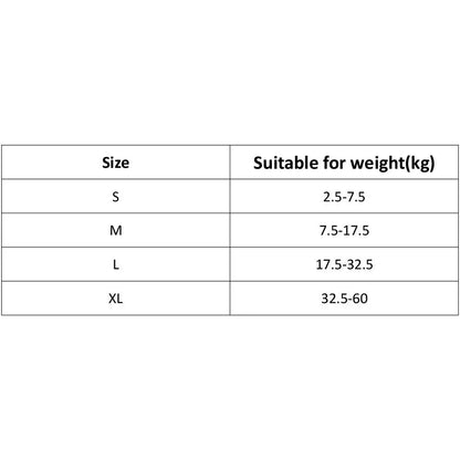 Size chart for dog collars showing suitable weight ranges for S, M, L, and XL sizes in kilograms.