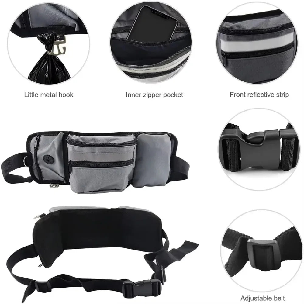 Gray dog walking waist bag with zipper pockets, reflective strip, metal hook, and adjustable belt
