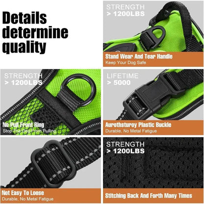 LED dog harness for night walking, durable vest with 1200lbs strength, no-pull ring, reflective handle, and quick-release buckle